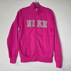 Y2K Nike Womens Full Zip Fleece Track Jacket Pink Varsity Logo Mock Neck Medium
